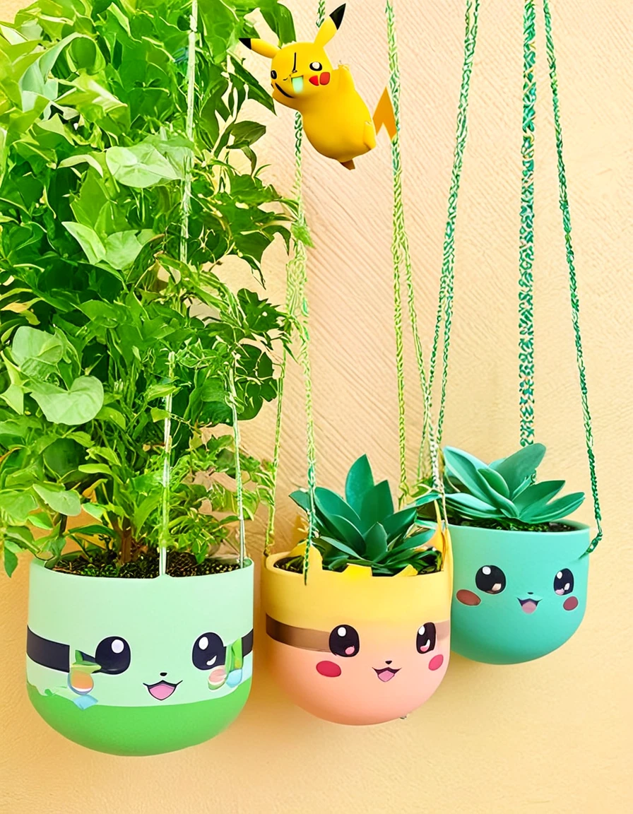 cozy scene featuring hanging planters with adorable Pokémon, adding elements of Pikachu. The planters should be filled with lush greenery and colorful flowers. Include Pikachu comfortably resting in one of the planters, alongside other Pokémon like Celebi and Snivy. Use soft pastel colors and whimsical details to enhance the charm. The background should have subtle stripes with shades of green and peach, maintaining a warm and inviting atmosphere