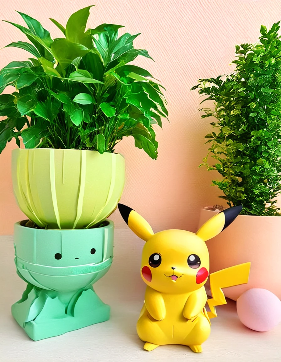 cozy scene featuring hanging planters with adorable Pokémon, adding elements of Pikachu. The planters should be filled with lush greenery and colorful flowers. Include Pikachu comfortably resting in one of the planters, alongside other Pokémon like Celebi and Snivy. Use soft pastel colors and whimsical details to enhance the charm. The background should have subtle stripes with shades of green and peach, maintaining a warm and inviting atmosphere