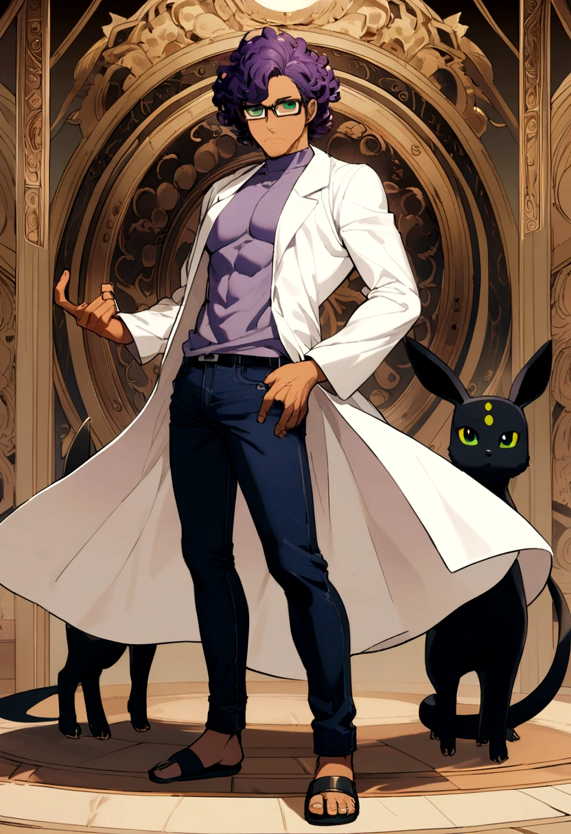 1man, 20s, strong body, latin, chin stubble, square face, tan skin, ((purple curly fluffy hair)), medium lenght hair, ((green eyes)), cool facial expression, (nice hands),  (grey turtleneck), lab coat, spectacles, jeans, sandals [pose with body turned in profile looking at viewer], determined facial expression, simple backgroun, accompanied by an Umbreon