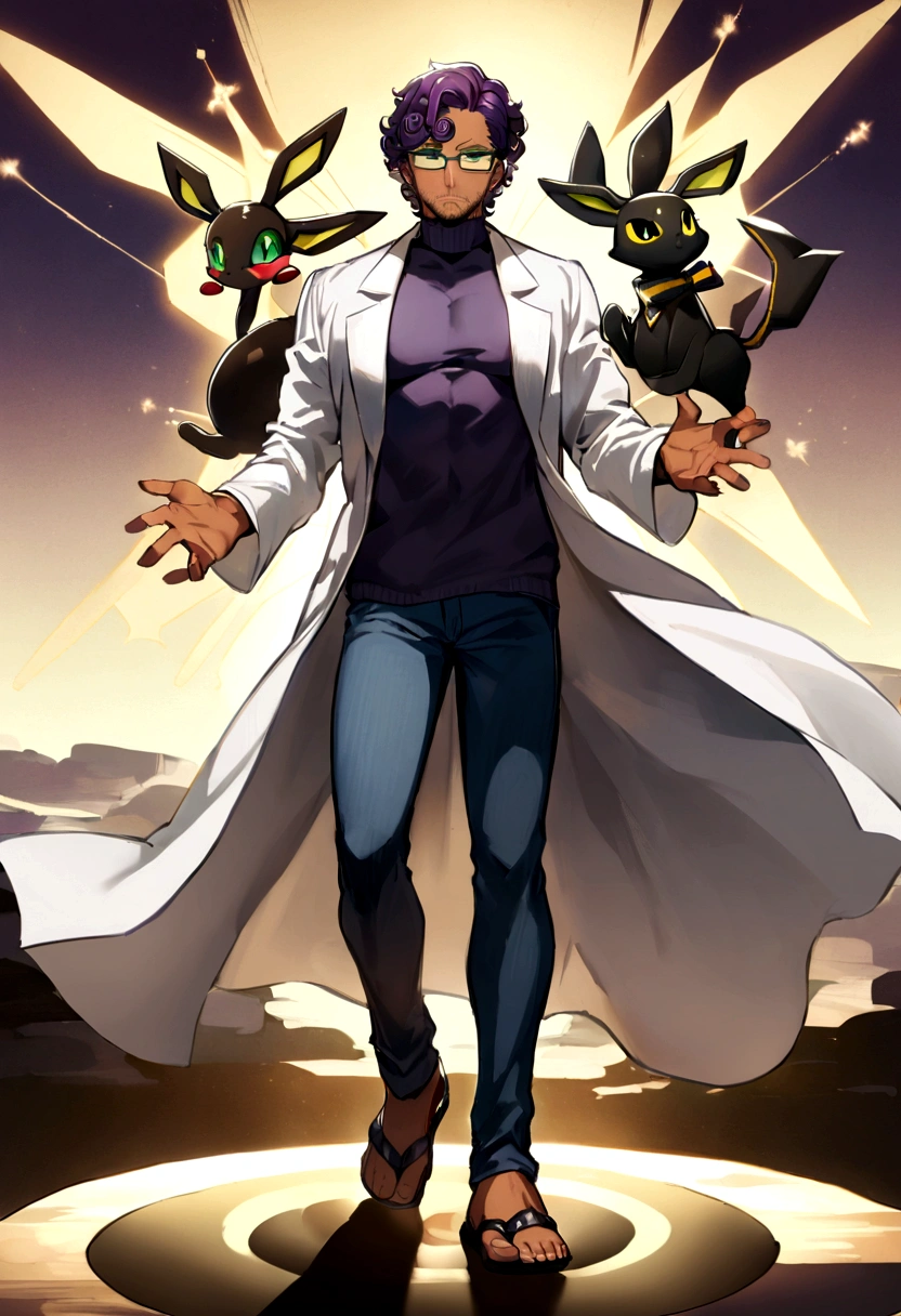 1man, 20s, strong body, latin, chin stubble, square face, tan skin, ((purple curly fluffy hair)), medium lenght hair, ((green eyes)), cool facial expression, (nice hands),  (grey turtleneck), lab coat, spectacles, jeans, sandals [pose with body turned in profile looking at viewer], determined facial expression, simple backgroun, accompanied by an Umbreon