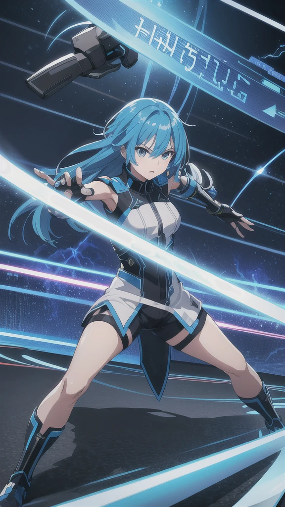 Lightning aura、Lightning Energy、Fighting Pose、Blue Hair、cyber punk、Thunder in the background、whole body、Lightning costume、Fighting face、High quality, Ultra detailed, best quality, insanely detailed, beautiful, masterpiece、Dynamic Pose