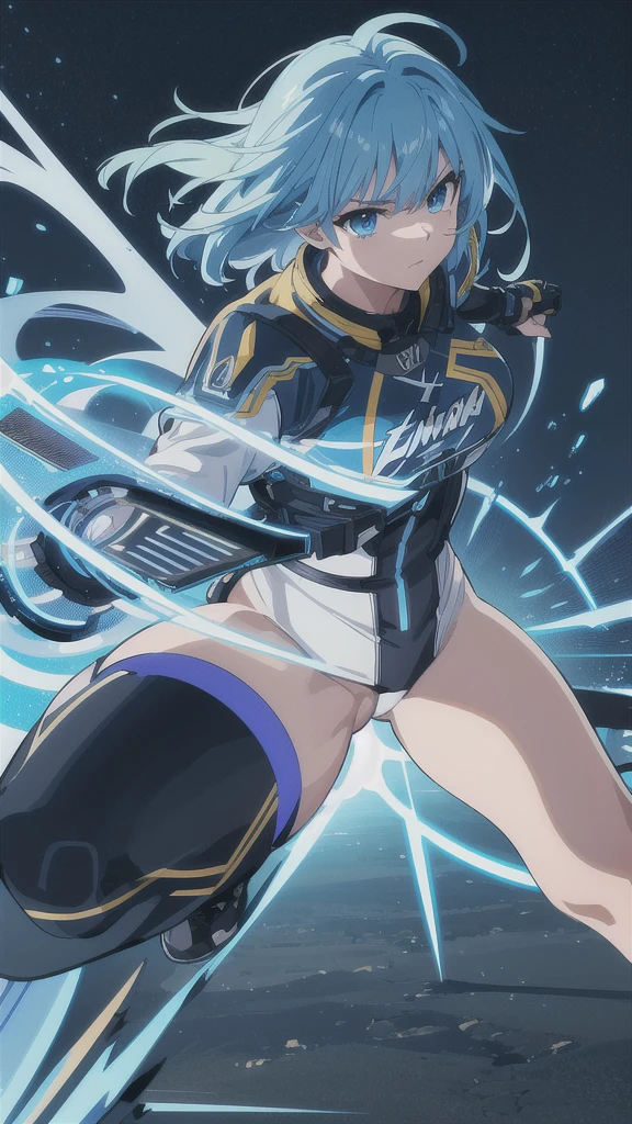 Lightning aura、Lightning Energy、Fighting Pose、Blue Hair、cyber punk、Thunder in the background、whole body、Lightning costume、Fighting face、High quality, Ultra detailed, best quality, insanely detailed, beautiful, masterpiece、Dynamic Pose