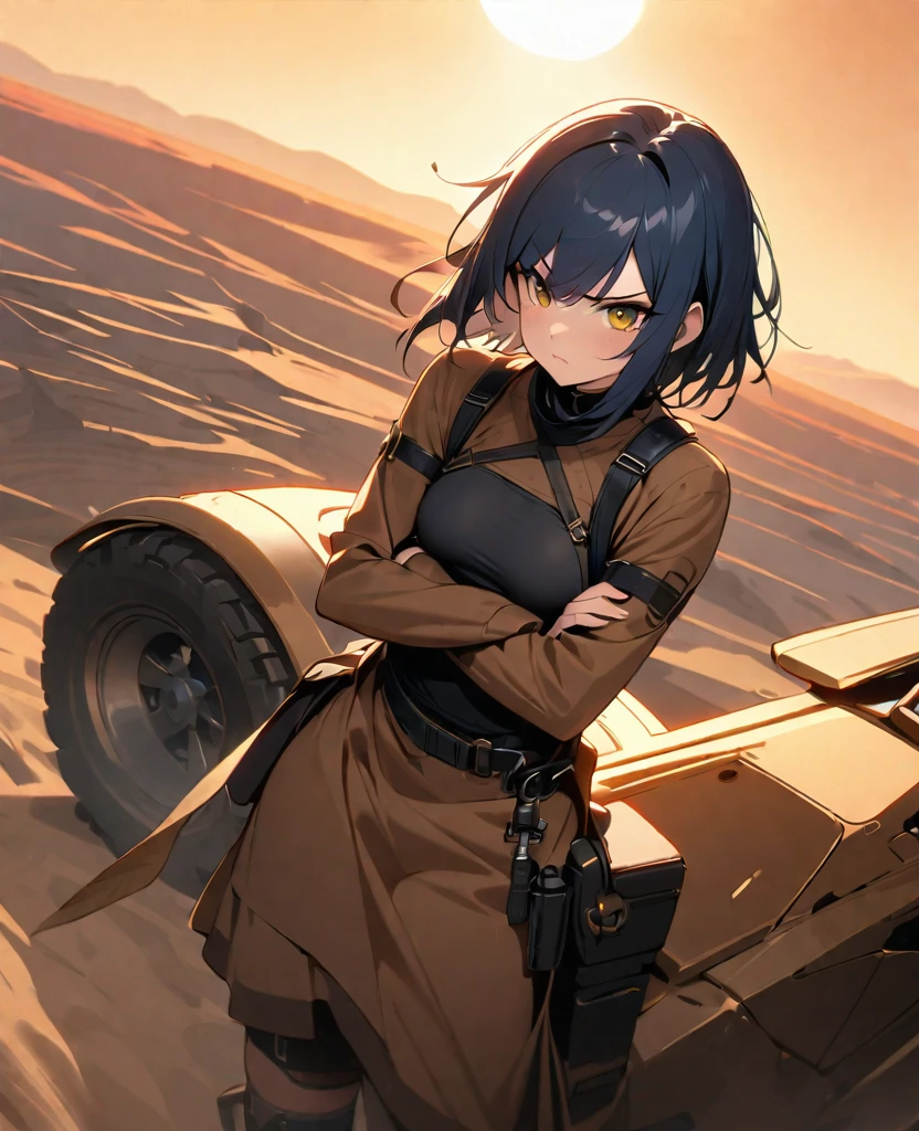 (best quality, masterpiece, ultra high-resolution, ultra-detailed: 1.2), a girl boldly stationed atop a speeding, heavily modified vehicle amidst the brutal atmosphere of the "Mad Max: Fury Road" worldview.(she is standing on the vehicle). (stand with open stance:1.1), (crossed arms:1),vast desert landscapes bathed in the golden glow of sunset, plumes of sand and smoke billowing in her wake, a testament to the power of the individual amidst the chaos.BREAK.(16yo,detailed face,(darkblue hair-color,wavy-short hair),parallel eyebrows,small breasts),very angry,post-apocalypth,
