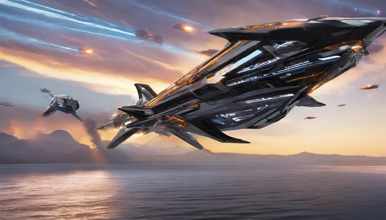 A unique metallic color of a bengal tiger starship in Gothic style, & the shape of a bengal tiger, Tim Burton & Mary Shelley's vision, flying by Saturn, cool 750k UHD unveiling every minute feature, from heavy artillery, intricately woven into the ship's backbone to the Bengal tiger's head is molded into the tip of the ship & riveting diodes, black & orange crystal diamond nacelles, in the rear.