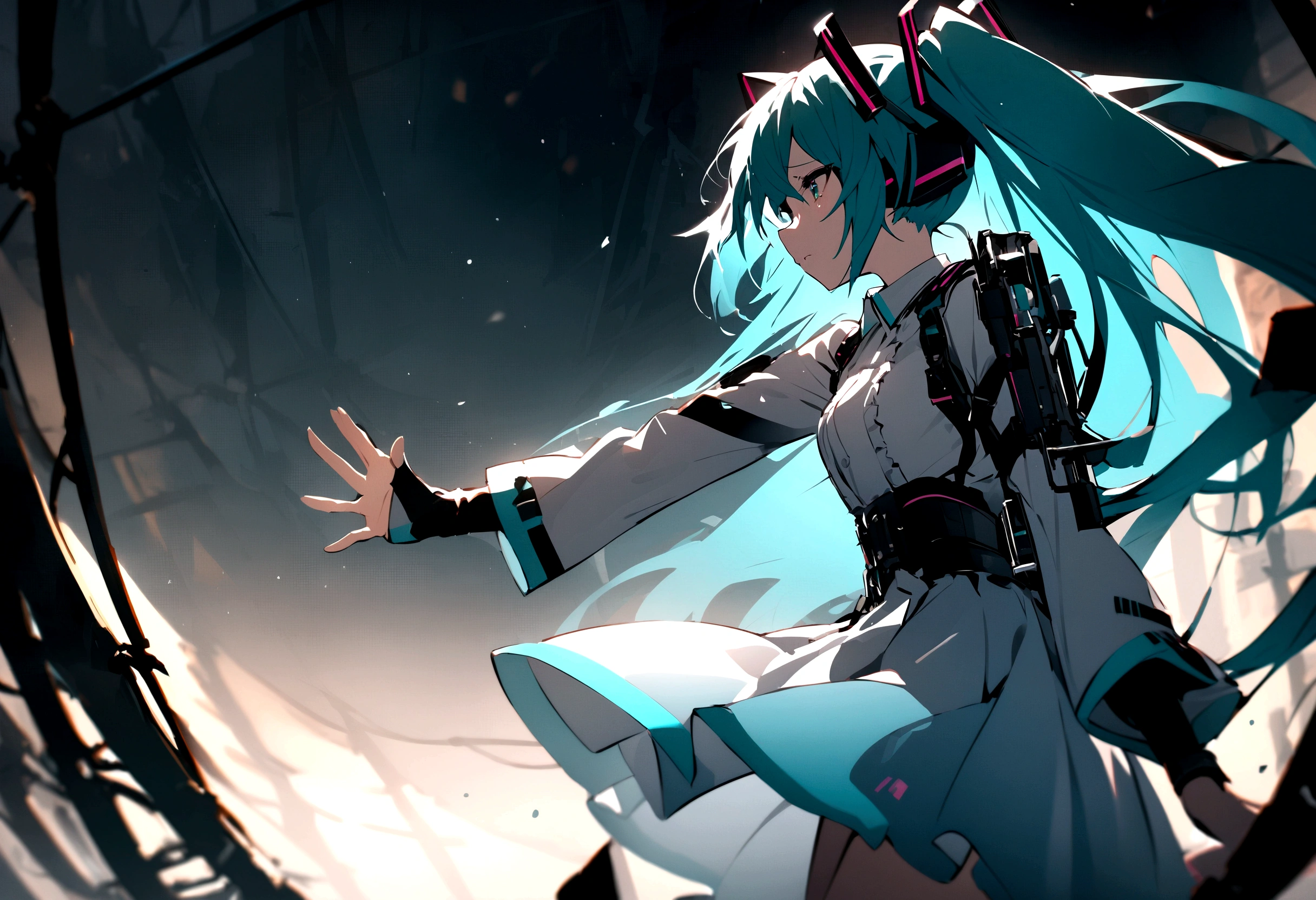 From the side、shout、sing、(((masterpiece, hatsune miku, vocaloid, Super detailed、Digital Cage、Reaching out、Sad、shout、aloud、