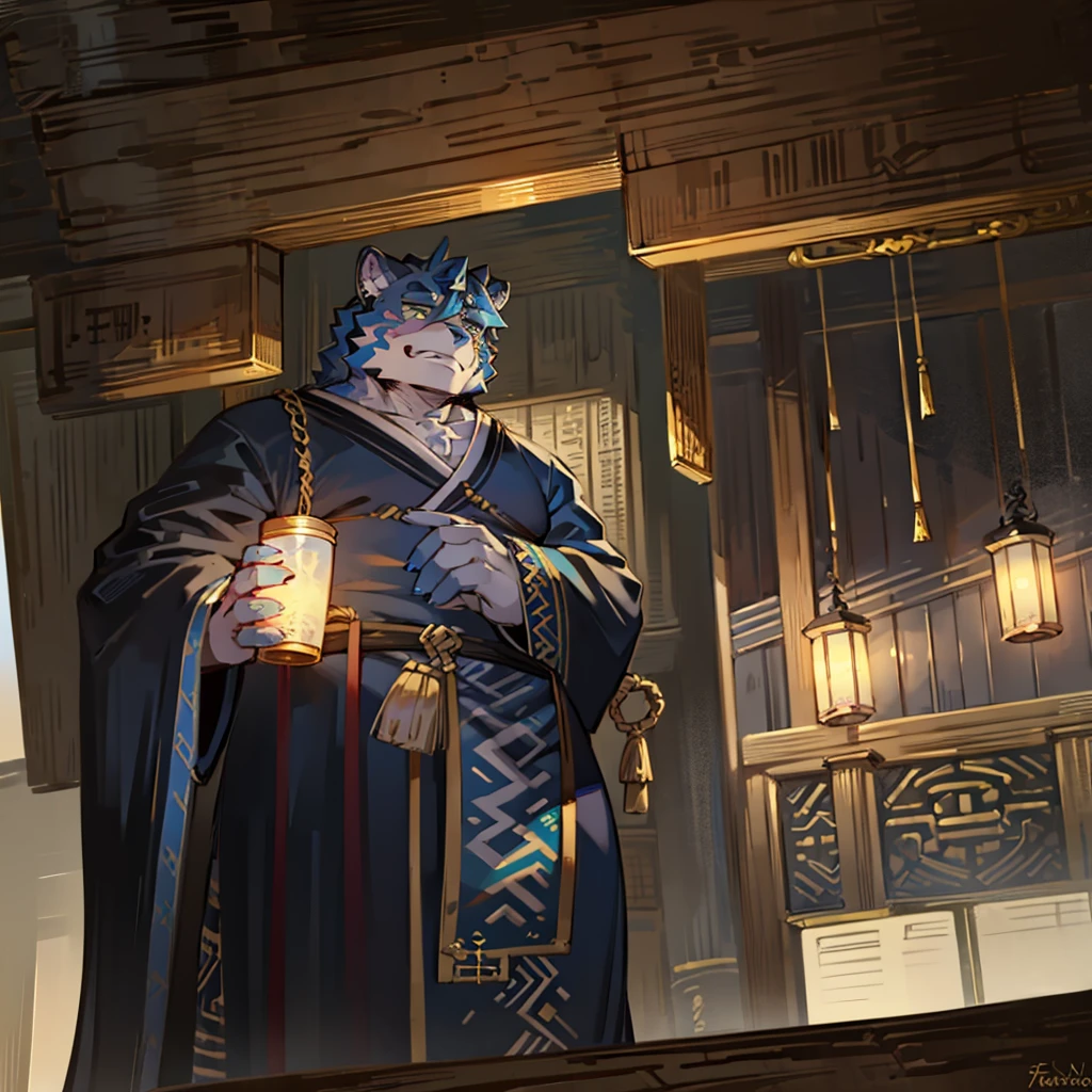 38-year-old blue-haired tiger orc with a strong body and wearing a Taoist robe