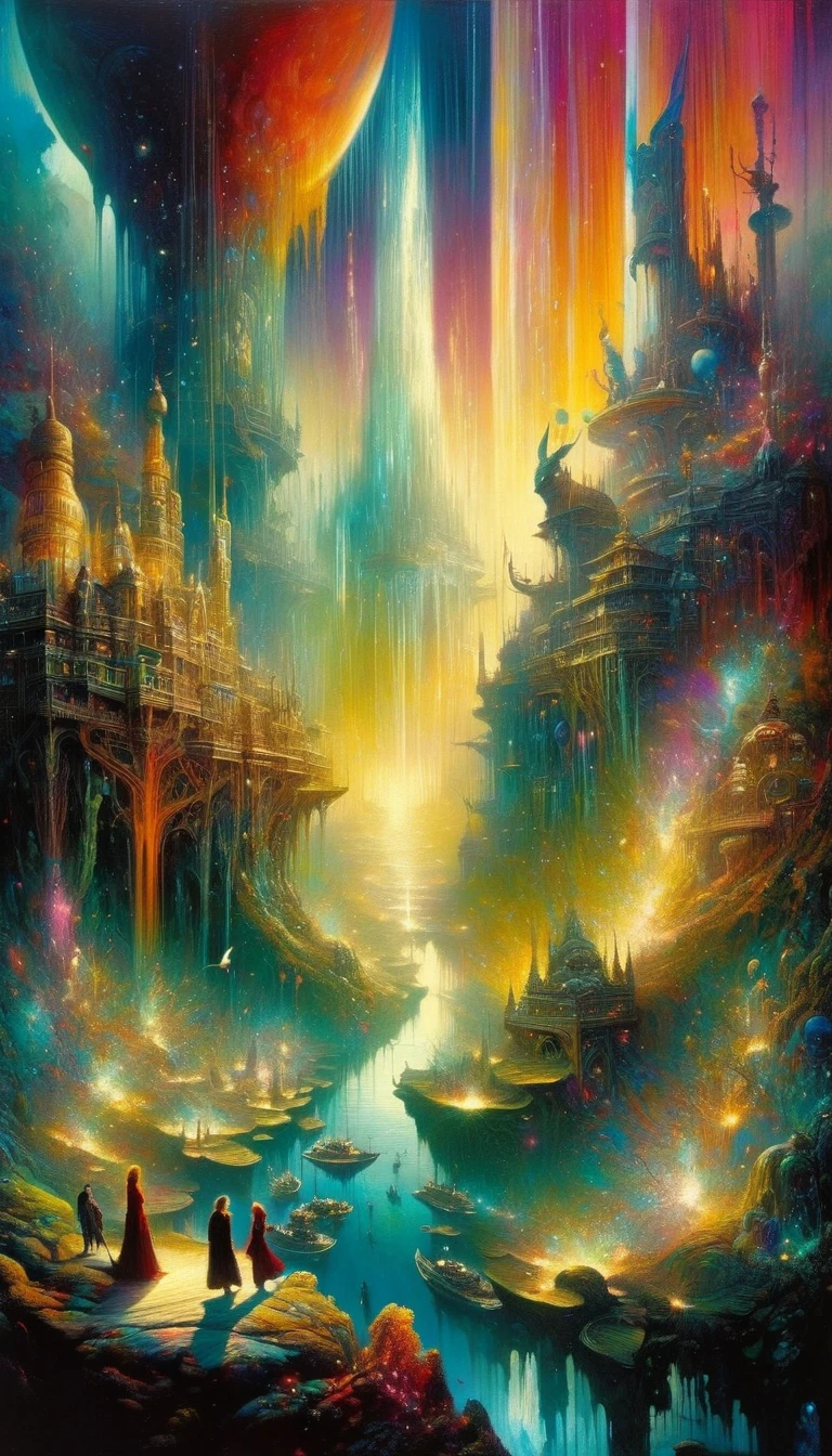 a detailed oil painting of an intricate, fantastical world, inspired by the art of Bill Sienkiewicz, vivid colors, highly detailed, cinematic dramatic lighting, surreal and imaginative, masterpiece, 8k, photorealistic