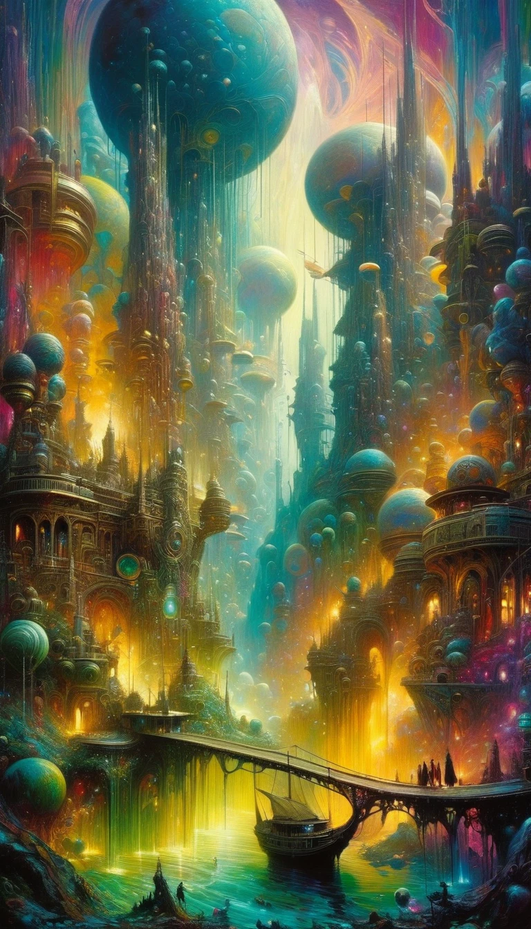 a detailed oil painting of an intricate, fantastical world, inspired by the art of Bill Sienkiewicz, vivid colors, highly detailed, cinematic dramatic lighting, surreal and imaginative, masterpiece, 8k, photorealistic