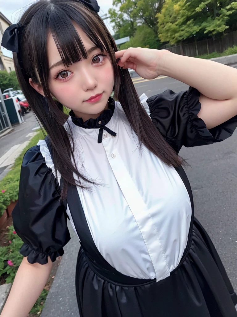 A young girl with droopy eyes and bad makeup、Shyly raising his arms、Showing off dirty, hairy armpits。The chubby girl with a young face is staring at me with a provocative smile.。びちゃびちゃの脇Sweat。The background is outdoors。Sweat。Wet clothes stuck to the skin。Gothic Lolita Clothing。Real。Volume Shadow。