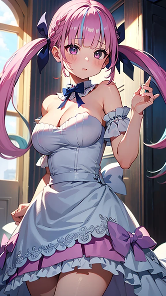 Ultra-high resolution,masterpiece, Attention to detail, Highest quality, 4K,(Pink Twintails、Blue ribbon),(well endowed,Captivating body、Ultra-detailed skin、Beautiful eyes、Detailed Background),1girl、(Wedding dress、Embarrassing)
