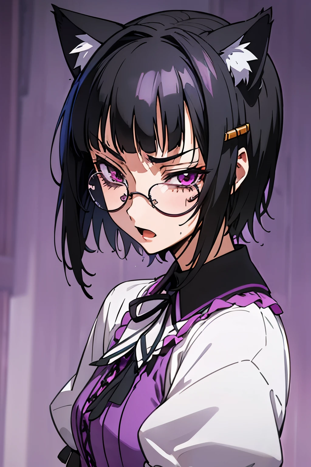 a girl, souna sitri, short hair, black hair, hair ornament, glasses, hairclip, bangs, blunt bangs, (purple eyes:1.1), cute, frills, laces, cat ears, glaring, opened mouth, thee-through, wet, sweat, bedroom,