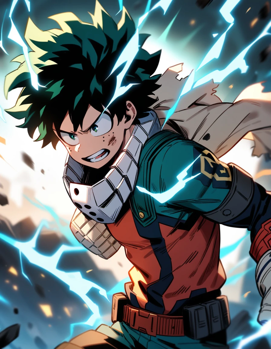 1boy, male focus, midoriya izuku, boku no hero academia, injury, electricity,, masterpiece, best quality, very aesthetic, absurdres