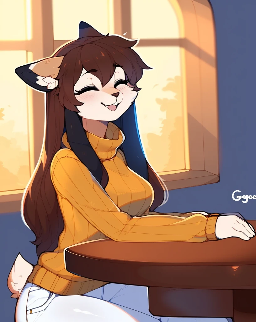 (highly detailed), ((Masterpiece)), ((Best Quality)), by claweddrip, by ressue, by pudgeruffian, by fleet-foot, by thericegoat, solo, female, slim, fox girl, (short rabbit tail), (lop ears:1.4), brown hair,twin tails hair,(long straight hair:1.2), (beige fur:1.2), eyes closed, happy expression, medium breast, (intricate turtle neck sweater), (necklace), ((white pants)), cozy dining room scenery, sitting at the table, slightly tilting head