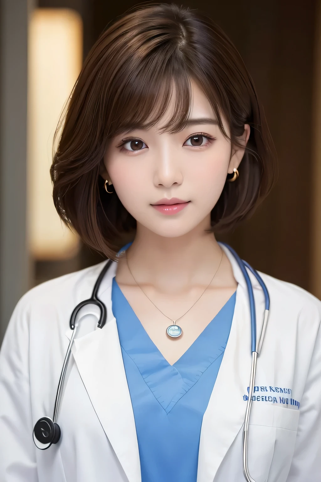 Beautiful young woman、 Korean women、Light brown hair、Necklace around the neck、White、Doctor's clothing、Stethoscope、ウェーブのかかった髪、short hair、Intricate details, Very detailed:1.2), 、 Looking into the camera,The background is the inspection room..、ear piercing