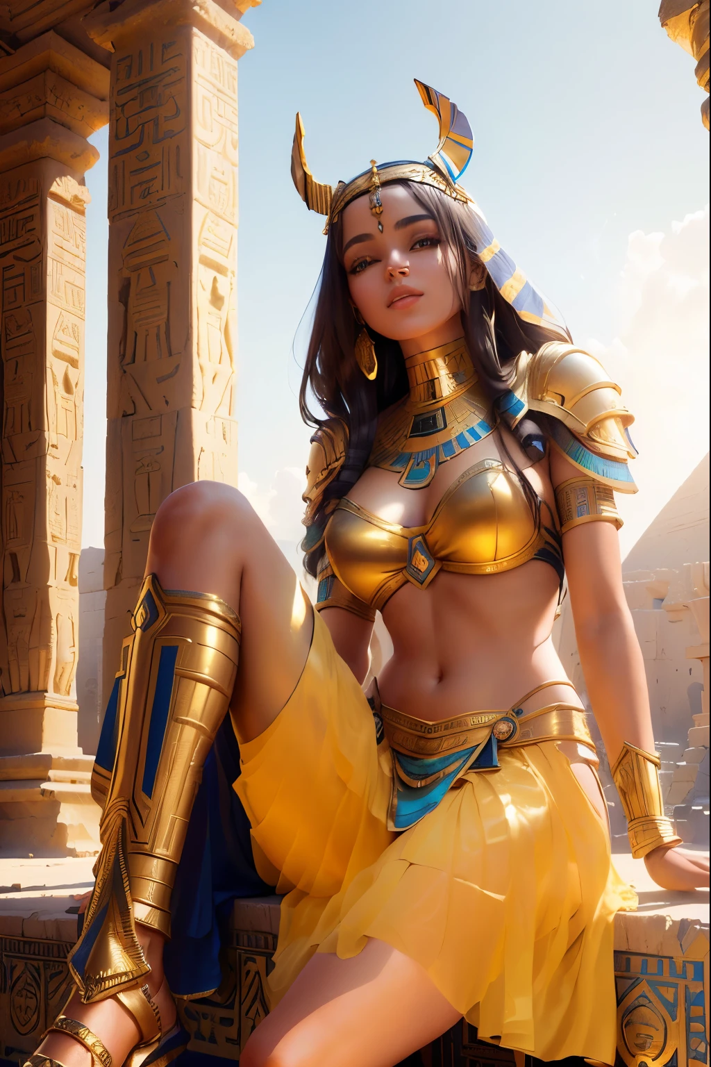 Arav woman in golden clothing and golden armor sitting on the windowsill, android girl in Egyptian ruins, Egyptian princess, goddess. Extremely high detail, Egyptian, cinematic goddess body shot, beautiful cleopatra, Egyptian clothes, 3D Rendering Character Art 8k, Unreal Engine Rendering + a goddess, Artgerm Julie Bell Beeple, Egyptian clothing, bet