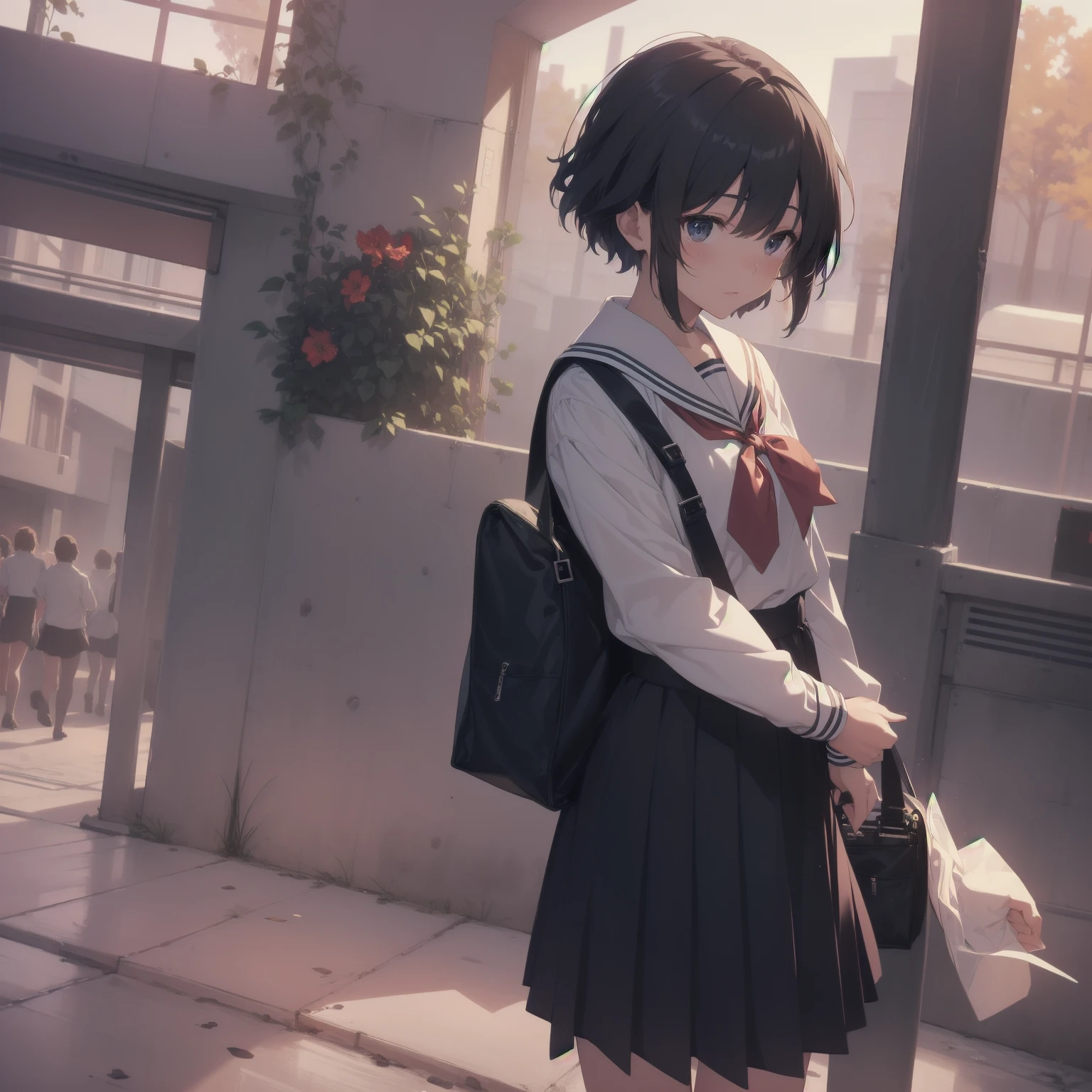 ultra-absurdres-Top quality by artist God, ultra-detailed, high resolution, anime moe artstyle, best anime 8k konachan wallpaper, pixiv contest winner, pool:2810, perfect anatomy,break, 1girl, (Please draw a girl walking sleepily to school alone. )break,(Solo,little female, 13-year-old:1.3),Full limbs, complete fingers,a junior high school student, (very short hair), short cut, flat chest, , small butt, small black eyes, beautiful detailed eyes, well-proportioned iris and pupils, expressive eyes, highres detailed hair, soft expression, salor school_uniform, sailor collar, serahuku, bow, pleated skirt,(Detailed Lighting), (Detailed background), in the School commute route. break,super detailed skin, Best cinematic lighting powered by famous artist, 8k,beauty illustration,photoshop_(medium),very aesthetic,break,((artist:wa_(genryusui) )), artist:clamp ,artist:carnelian ,artist:kantoku ,