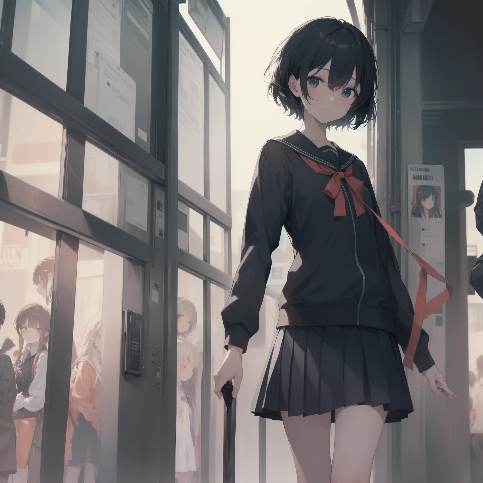 ultra-absurdres-Top quality by artist God, ultra-detailed, high resolution, anime moe artstyle, best anime 8k konachan wallpaper, pixiv contest winner, pool:2810, perfect anatomy,break, 1girl, (Please draw a girl walking sleepily to school alone. )break,(Solo,little female, 13-year-old:1.3),Full limbs, complete fingers,a junior high school student, (very short hair), short cut, flat chest, , small butt, small black eyes, beautiful detailed eyes, well-proportioned iris and pupils, expressive eyes, highres detailed hair, soft expression, salor school_uniform, sailor collar, serahuku, bow, pleated skirt,(Detailed Lighting), (Detailed background), in the School commute route. break,super detailed skin, Best cinematic lighting powered by famous artist, 8k,beauty illustration,photoshop_(medium),very aesthetic,break,((artist:wa_(genryusui) )), artist:clamp ,artist:carnelian ,artist:kantoku ,