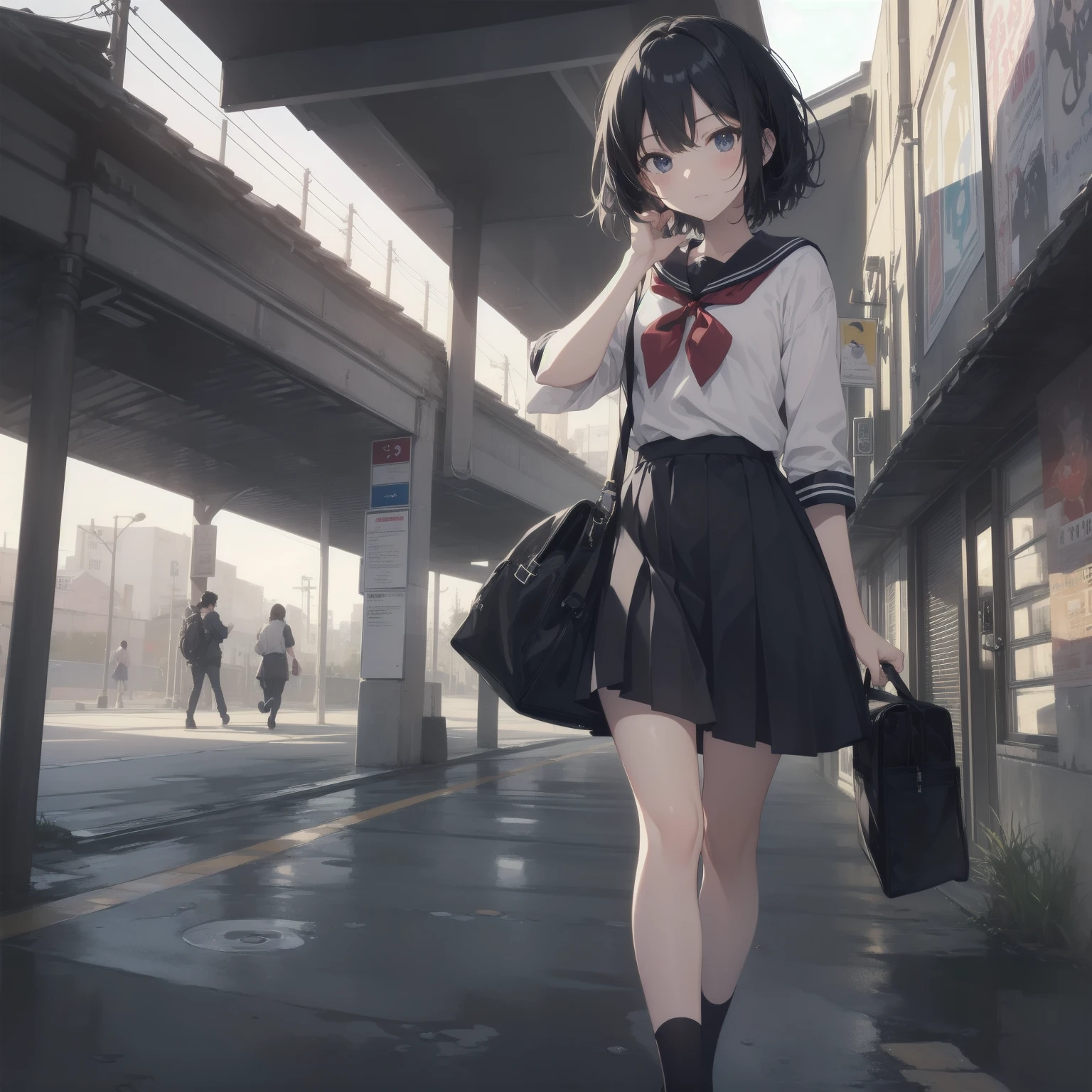 ultra-absurdres-Top quality by artist God, ultra-detailed, high resolution, anime moe artstyle, best anime 8k konachan wallpaper, pixiv contest winner, pool:2810, perfect anatomy,break, 1girl, (Please draw a girl walking sleepily to school alone. )break,(Solo,little female, 13-year-old:1.3),Full limbs, complete fingers,a junior high school student, (very short hair), short cut, flat chest, , small butt, small black eyes, beautiful detailed eyes, well-proportioned iris and pupils, expressive eyes, highres detailed hair, soft expression, salor school_uniform, sailor collar, serahuku, bow, pleated skirt,(Detailed Lighting), (Detailed background), in the School commute route. break,super detailed skin, Best cinematic lighting powered by famous artist, 8k,beauty illustration,photoshop_(medium),very aesthetic,break,((artist:wa_(genryusui) )), artist:clamp ,artist:carnelian ,artist:kantoku ,