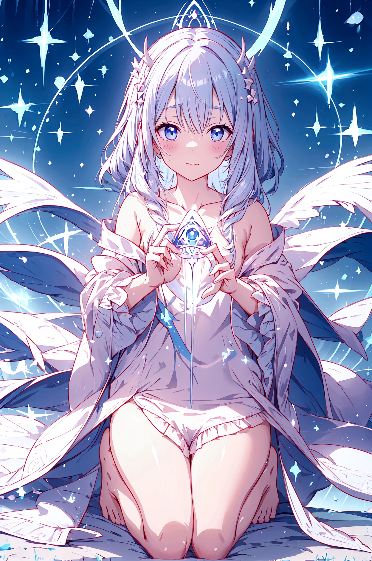 Naked and wearing a magical robe、Big are visible、Pure white magic robe、Cute frilly light blue underwear、barefoot、Hold the magic wand and cast magic、Hellfire Magic