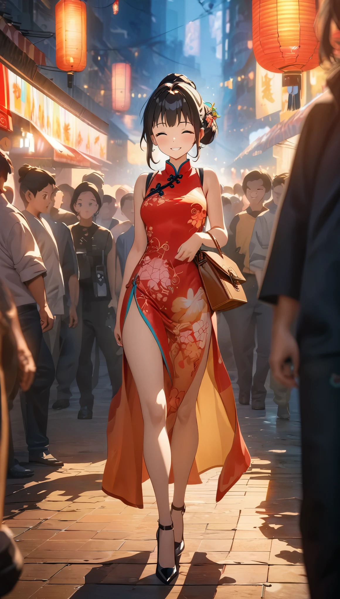 (best quality,8k,highres, masterpiece:1.2), (anime style),ultra-detailed, HDR, UHD, studio lighting, ultra-fine painting, sharp focus, physically-based rendering, extreme detail description, professional, vivid colors, bokeh, portraits, concept artists, warm color palette, dramatic lighting,Summer festival night,1 beautiful woman,(no sleeves China dress),updo, big smile, closed eyes, (The cityscape lined with the fairs of summer festivals),(beautiful hair, glowing skin,),full body,(passing crowd),(anime style),(high heels with straps),Holding a Hermès Kelly Bag