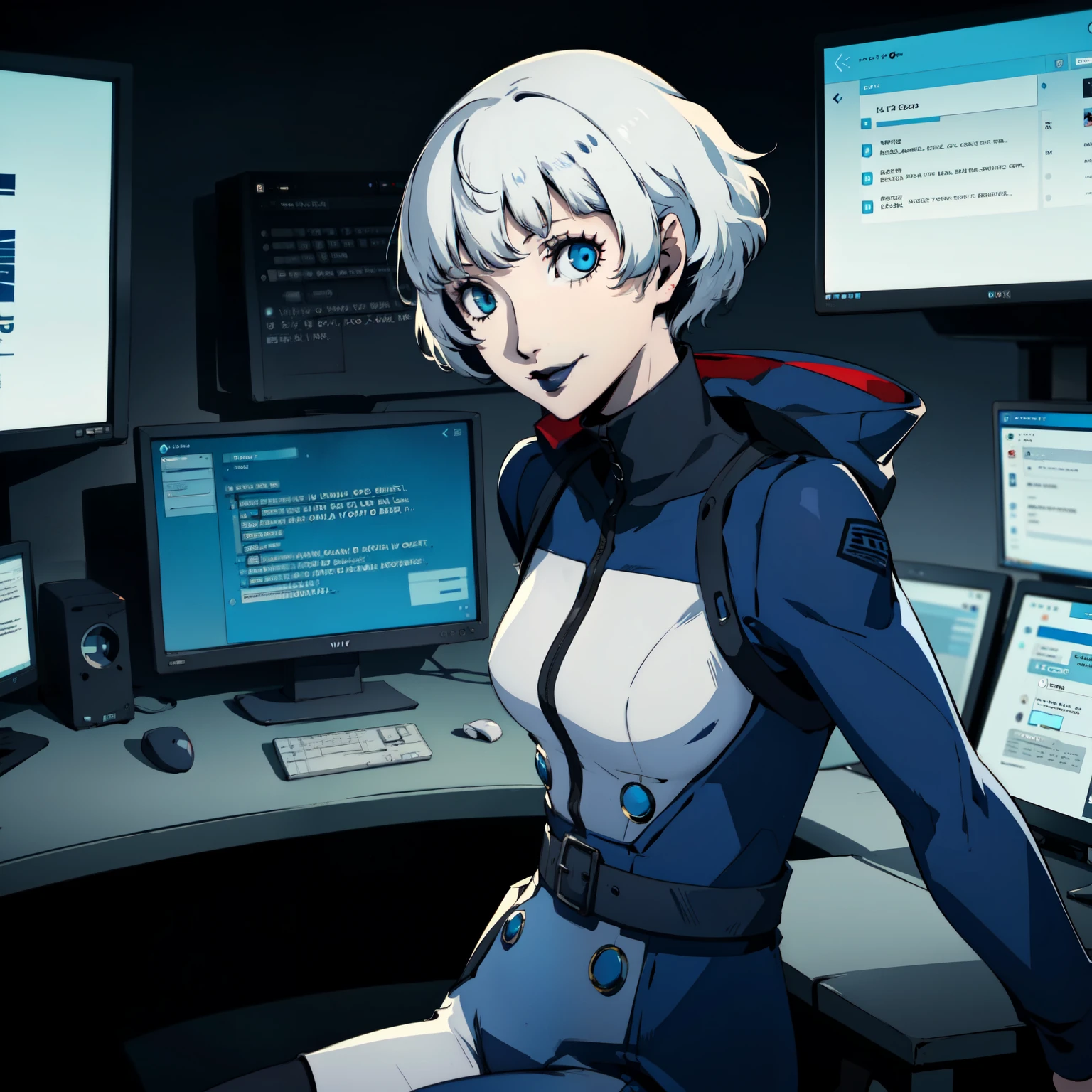 masterpiece, ((best quality)),((1 girl)), blue eyes, black lipstick, white hair, female , tomboy Pixie haircut, deep blue suit, white hair, white hair,smiling,hacker,in the,dark room,sitting,looking monitor,sexy
