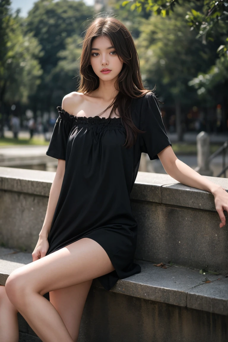 (best quality,realistic,ultra-detailed),a sexy and slim 18-year-old French brunette woman in black short sleeve nightdress, visible leg,sur un banc,