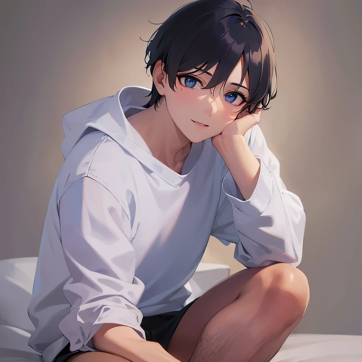 night, dark bedroom, White T-shirt、Wearing a sweatshirt、head rest, upper body、shiny skin, masterpiece、Highest quality、(25-year-old male:1.5) and (Black short hair) and (blue eyes), Sitting、smile, alone