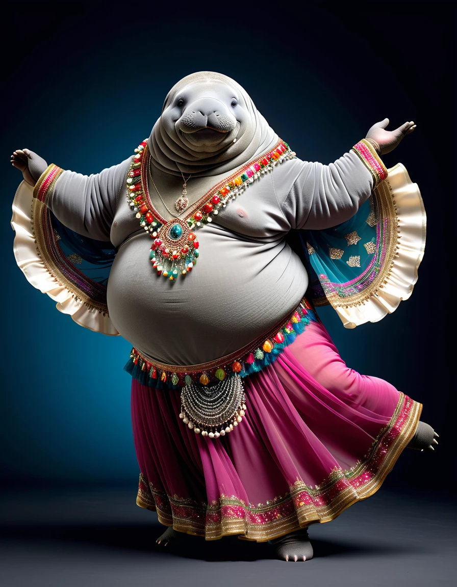 photorealistic portrait of Dressed animals - a ((fat)) ((manatee)) dancer,(furry), (dynamic dancing:2.0), (swinging arms :2.0),(happy smile:1.2),high quality,(happy),(lovely) ,intricate details, (sheer veil), highly detailed (( gypsy belly dancing clothes)) ,highly detailed decorations of clothes, Wearing gypsy belly dancing clothes, , (happy), studio lighting,(full body image:1.5),simple background,(viewed from side:2.0),