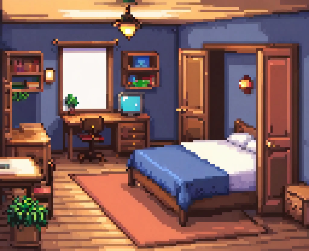 There are pixel graphics of Room with doors, bed, Room, it'It's easy..dark,Looks scary.