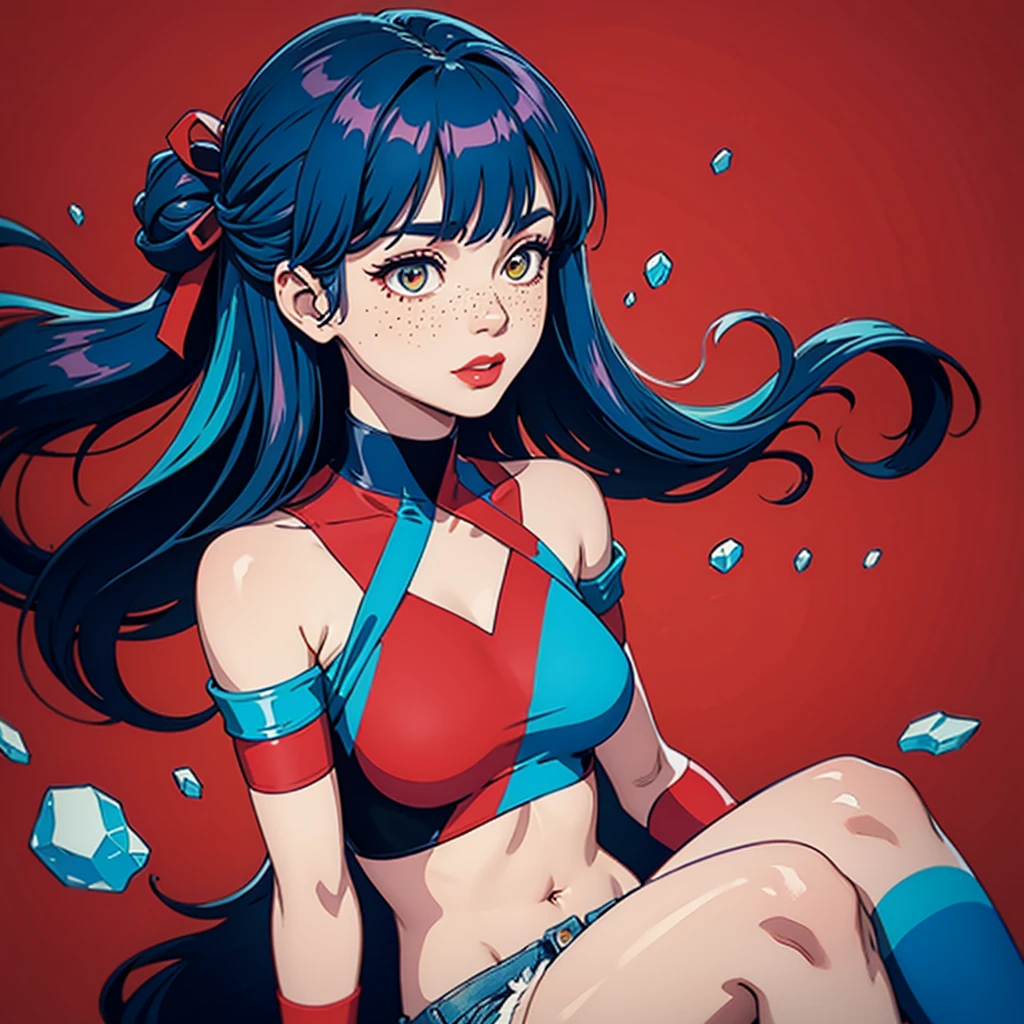 beautiful, (linework:1.1), 1 girl, adult  woman, freckles, ruby eyes,  updo hairstyle,  ombre, bangs, , 
solo, (simple background, red color palette:1.2),       shy, 
(casual theme:1.1),
upper body,
 sitting,
crop top
		shorts,
	offshoulder,
	ruffles,
	 leather material,,
jewelry, , wristband, ribbons,
floating particles, floating hearts,
high contrast, , faded colors,