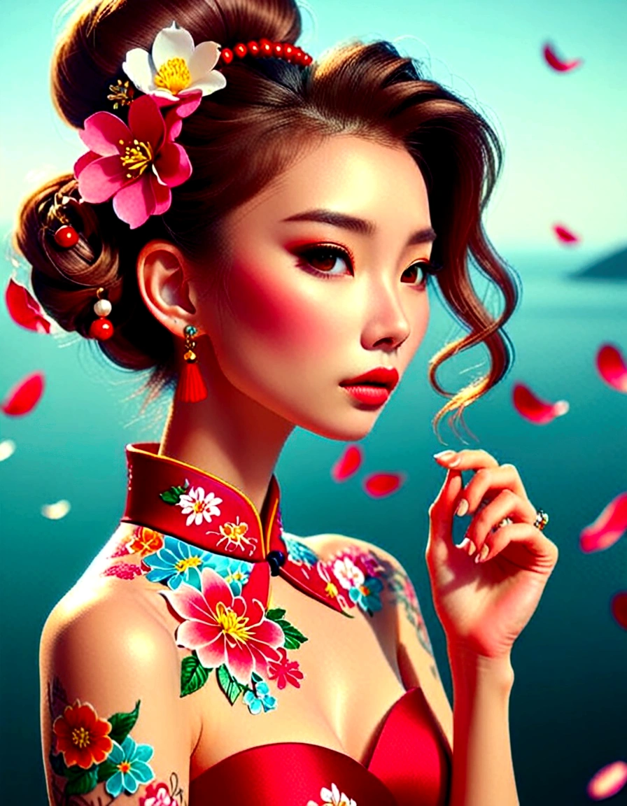 best quality, ultra-detailed, extremely delicate and beautiful, 1woman, cheongsam, single hair bun, hand on own head, bracelet, jewelry, scattered petals, reflective sea surface, 
