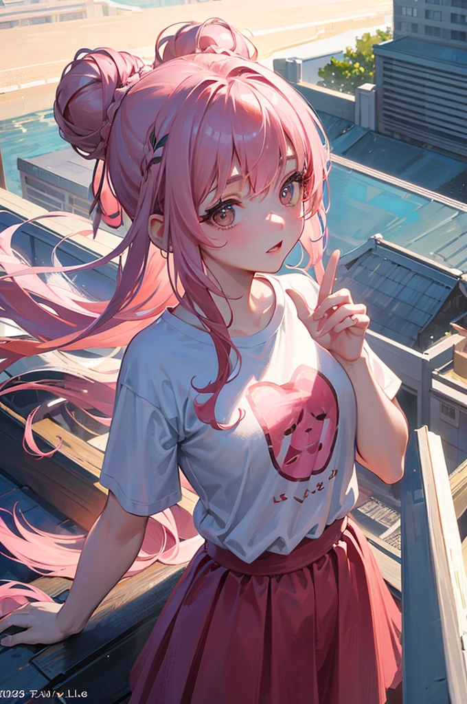 ８K, Highest quality, masterpiece, Ultra-detailed、Pink Hair、Bun Hair、full lips、Brown eyes、１８Year-old beauty、Portrait、Rooftop、Embarrassed、T-Shirts、