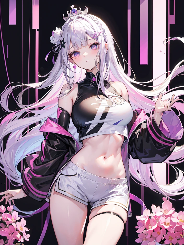 Emilia re:zero, purple eyes, Emilia, crown braid, x hair ornament, flower hair ornament, white hair, long hair, medium breasts, ((Masterpiece)), best quality, absurderes, ultra detailed, holographic, cowboy shot, golden ratio, super cute girl, mature girl, idol girl, super beautiful asian girl with very beautiful violet glowing eyes, beautiful glowing brown multicolored hair, high ponytail, nice and sexy body, slim body, perfect body, wearing a super tight anime printed leotard, an anime printed super tight off shoulder long sleeve crop top, a super aesthetic transparent mini jacket, beautiful hair ornament, pink jordan tennis, being photographed in a mall shop with her handsome skinny boyfriend, with dark messy hair, brown luminous eyes, wearing a white anime shirt, black shorts, and pink crocs