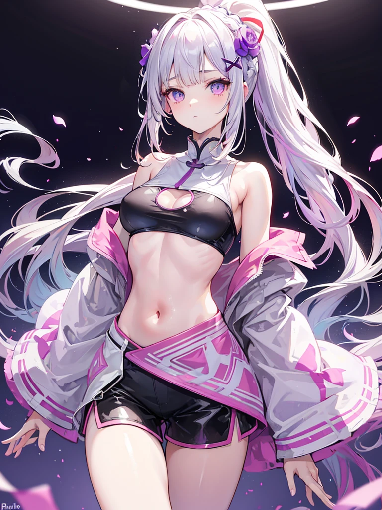 Emilia re:zero, purple eyes, Emilia, crown braid, x hair ornament, flower hair ornament, white hair, long hair, medium breasts, ((Masterpiece)), best quality, absurderes, ultra detailed, holographic, cowboy shot, golden ratio, super cute girl, mature girl, idol girl, super beautiful asian girl with very beautiful violet glowing eyes, beautiful glowing brown multicolored hair, high ponytail, nice and sexy body, slim body, perfect body, wearing a super tight anime printed leotard, an anime printed super tight off shoulder long sleeve crop top, a super aesthetic transparent mini jacket, beautiful hair ornament, pink jordan tennis, being photographed in a mall shop with her handsome skinny boyfriend, with dark messy hair, brown luminous eyes, wearing a white anime shirt, black shorts, and pink crocs