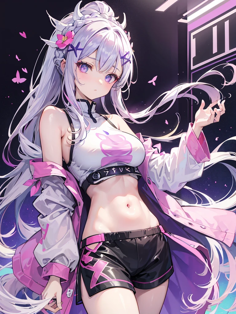 Emilia re:zero, purple eyes, Emilia, crown braid, x hair ornament, flower hair ornament, white hair, long hair, medium breasts, ((Masterpiece)), best quality, absurderes, ultra detailed, holographic, cowboy shot, golden ratio, super cute girl, mature girl, idol girl, super beautiful asian girl with very beautiful violet glowing eyes, beautiful glowing brown multicolored hair, high ponytail, nice and sexy body, slim body, perfect body, wearing a super tight anime printed leotard, an anime printed super tight off shoulder long sleeve crop top, a super aesthetic transparent mini jacket, beautiful hair ornament, pink jordan tennis, being photographed in a mall shop with her handsome skinny boyfriend, with dark messy hair, brown luminous eyes, wearing a white anime shirt, black shorts, and pink crocs