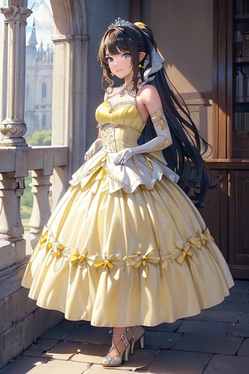 #Basics A girl is posing for a photo, animeのかわいい女の子, (((One Girl, Baby Face, Young girl, 16 years old))),
BREAK
#Clothing Accessories
((Yellow and white)Quinceañera(Long skirt dress):1.6) + (Yellow and white)corset:1.6, (Sheer white elbow gloves:1.8, White high heels:1.4),
((Luxury Silver Bracelets, large silver necklace, Silver Tiara)),
BREAK
#Features
(Sky blue hair:1.4, Bangs that expose the forehead:1.4, Chest-length sideburns:1.4 + Curly hair:1.4, (ponytail : Long Hair + Curly Hair + Curled up + Plump and voluminous + very thick hair + Large black ribbon)),
(Droopy eyes,blue eyes), (Small breasts),
BREAK
#expression
(smile, 嬉しそうなexpression),
#background environment
((noon, sunlight + Castles in a fantasy world:1.4, Walking)),
#composition
((To the camera:1.4, head shot:1.4)),
BREAK
#Body parts elements
(Detailed hair, Beautiful Hair, Shiny Hair),
(double eyelid, Long eyelashes),
(Expression of fine eyes, Beautiful and delicate eyes, Sparkling eyes, Eye Reflexes),
(Human Ear),
(Beautiful Nose, Thin Nose),
(Glossy lips, Beautiful Lips, Thick lips), (Symmetrical facial features),
(Detailed skin, Textured skin, Beautiful Skin),
BREAK
#Quality
(((Highest quality)), ((masterpiece)), ((Very detailed))), ((High resolution), (16K,1080P)),
(Realistic), (Anatomically correct),
((comics, anime)), (3DCG), CG illustration,