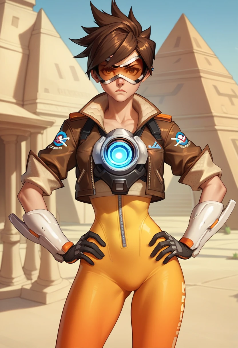 tracerow,tracer (overwatch),short hair, (visor, googles), cropped jacket, orange leggings, looking at viewer, serious, angry, 
standing, hands on hips, outside, egypt, pyramid of giza, extreme detail, masterpiece,  