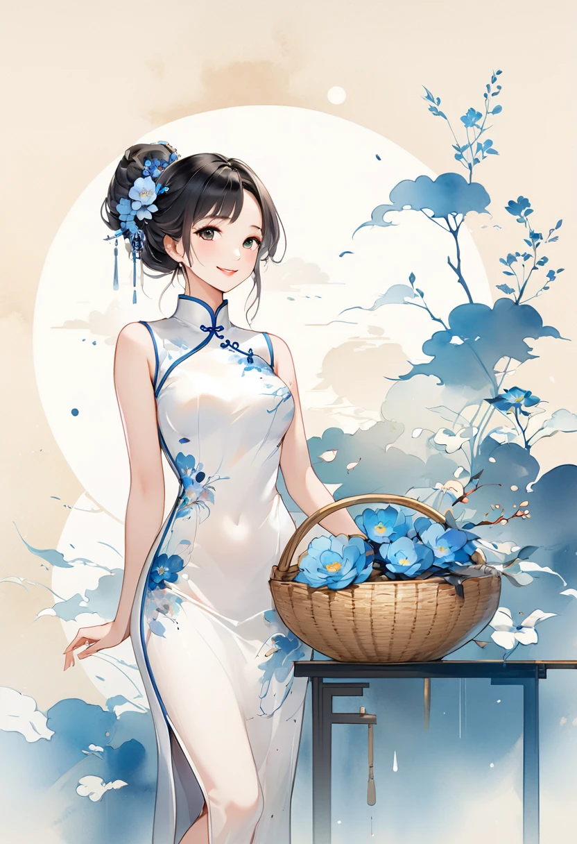 vector,Flat style wearing a long white silk cheongsam and blue embroidered flowers. The oriental beauty girl has a beautiful face and a gentle smile. The artistic conception is abstract digital art illustration. The background is a simple light basket ink dripping. The proportions of the figure are delicate and realistic in the gongbi watercolor style.