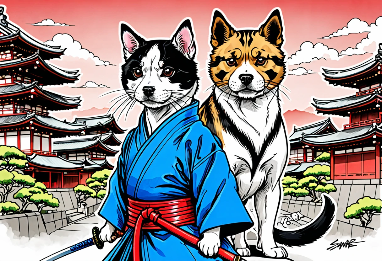 arte em tinta fina, comic style, portrait of japan, Samurai dog terrier and cat ninja, Glamour de Osaka, bela arte de linha, comic style, manga style, manga art style, pencil and ink caricature drawing, coloring, , other positions, corpo inteiro. Japan Background, Samurai dog terrier and cat ninja, desenho colorido
