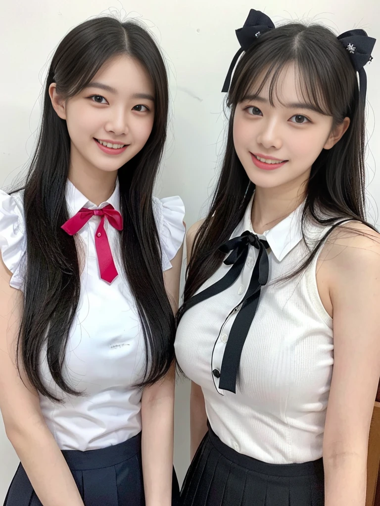 (Super cute Korean high school girls duo taking photos side by side 1.2)(grin,Smile)(Beautiful Sweat:1.1)(16K, RAW Photos, Highest quality, masterpiece: 1.2),(Shiny black hair) Super detailed, Super Resolution, (Genuine, Genuine photos: 1.37), Portraiture, High-resolution RAW color photos, Professional photos, Very detailed, 8k wallpaper, Very detailed CG Unity 8k wallpaper, Very detailed beautiful girls, Very detailed faces, ((whole body)), beautiful woman, Huge breasts,(huge boobs:1.1) (Big Boobs:1.1), Beauty college student (A tight, girly, pale pink sleeveless top with a ribbon.),high School girl, Korean Girls,(K-POP Female Idols), (Idol-class beauty)(Beautiful high school girl:1.1)(School)(18-year-old)(Stylish school uniform-style outfit:1.1)(Group photo:1.3)