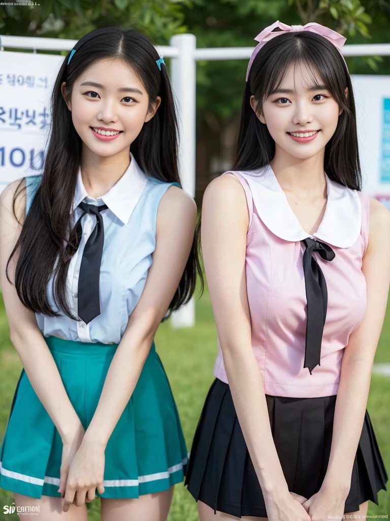 (Super cute Korean high school girls duo taking photos side by side 1.2)(grin,Smile)(Beautiful Sweat:1.1)(16K, RAW Photos, Highest quality, masterpiece: 1.2),(Shiny black hair) Super detailed, Super Resolution, (Genuine, Genuine photos: 1.37), Portraiture, High-resolution RAW color photos, Professional photos, Very detailed, 8k wallpaper, Very detailed CG Unity 8k wallpaper, Very detailed beautiful girls, Very detailed faces, ((whole body)), beautiful woman, Huge breasts,(huge boobs:1.1) (Big Boobs:1.1), Beauty college student (A tight, girly, pale pink sleeveless top with a ribbon.),high School girl, Korean Girls,(K-POP Female Idols), (Idol-class beauty)(Beautiful high school girl:1.1)(School)(18-year-old)(Stylish school uniform-style outfit:1.1)(Group photo:1.3)