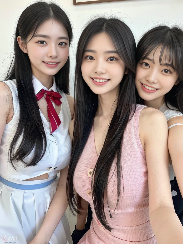 (Super cute Korean high school girls duo taking photos side by side 1.2)(grin,Smile)(Beautiful Sweat:1.1)(16K, RAW Photos, Highest quality, masterpiece: 1.2),(Shiny black hair) Super detailed, Super Resolution, (Genuine, Genuine photos: 1.37), Portraiture, High-resolution RAW color photos, Professional photos, Very detailed, 8k wallpaper, Very detailed CG Unity 8k wallpaper, Very detailed beautiful girls, Very detailed faces, ((whole body)), beautiful woman, Huge breasts,(huge boobs:1.1) (Big Boobs:1.1), Beauty college student (A tight, girly, pale pink sleeveless top with a ribbon.),high School girl, Korean Girls,(K-POP Female Idols), (Idol-class beauty)(Beautiful high school girl:1.1)(School)(18-year-old)(Stylish school uniform-style outfit:1.1)(Group photo:1.3)