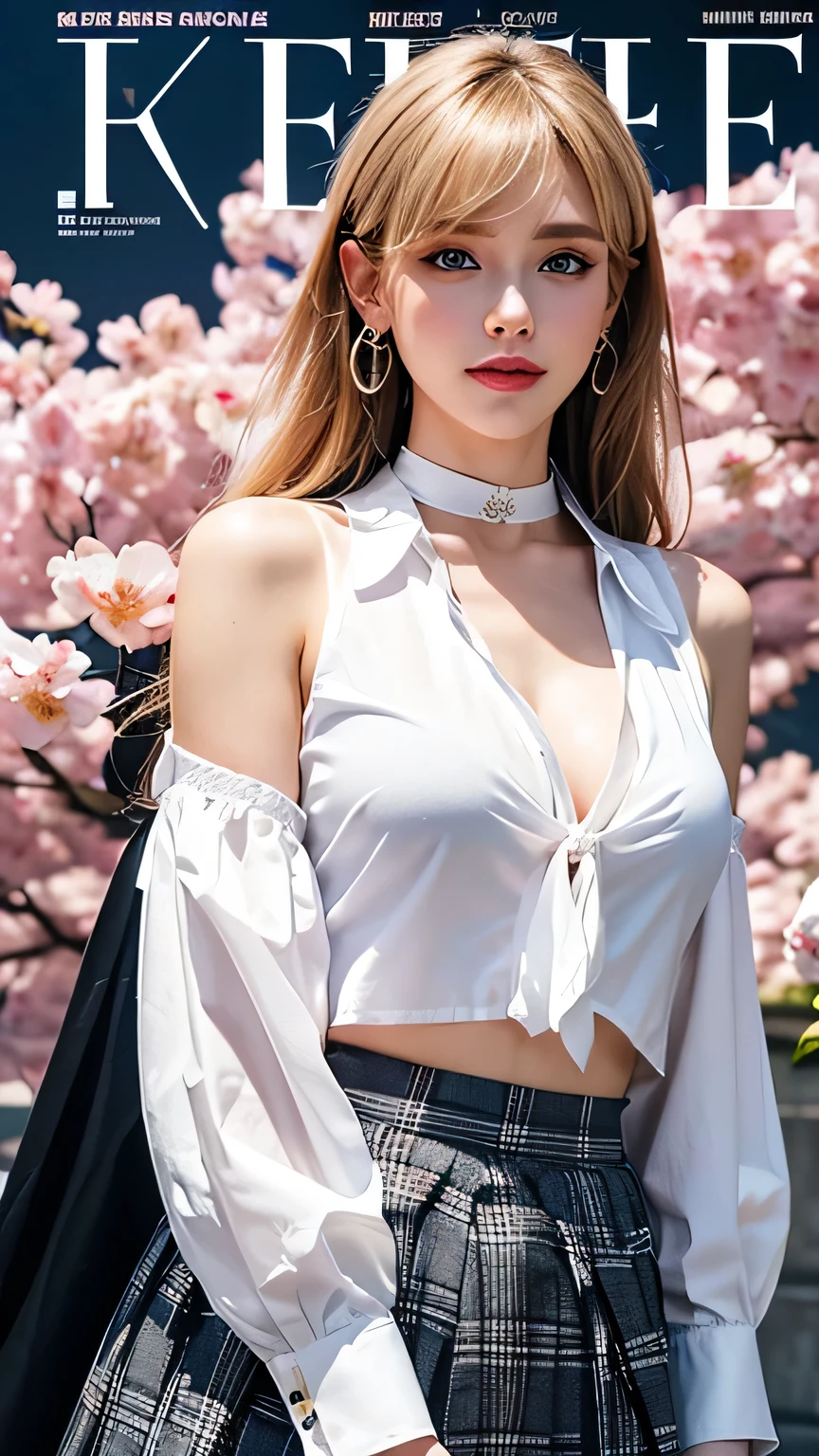 masterpiece, Highest quality, whole body, One girl, bangs, black choker, black tie, (Blonde:1.2), blue skirt, blush, bracelet, chest, choker, clothes The surrounding area waist, clavicle, collared shirt, Cowboy Shot, dress shirt, ear Earrings, Eyebrows visible through hair, Gradient Hair, Grin, Improve, jewelry, Kogal, Long Hair, View your viewers, loose tie, tie, Earrings, Plaid, Plaid skirt, pleated skirt, (blue eyes:1.2), ring, , shirt, skirt, smile, alone, white shirt, street, null, cherry blossoms, petal,figure, (magazine:1.3), (cover-style:1.3), woman, Vibrant, Costume, Pause, front, colorful, dynamic, background, element, have confidence, Performance, Holding, statement, accessories, Majestic, Coiled, The surrounding area, touch, scene, cover, bold, to attract attention, title, stylish, font, Catchy, big, impressive, Modern, trend, concentrated, fashion,