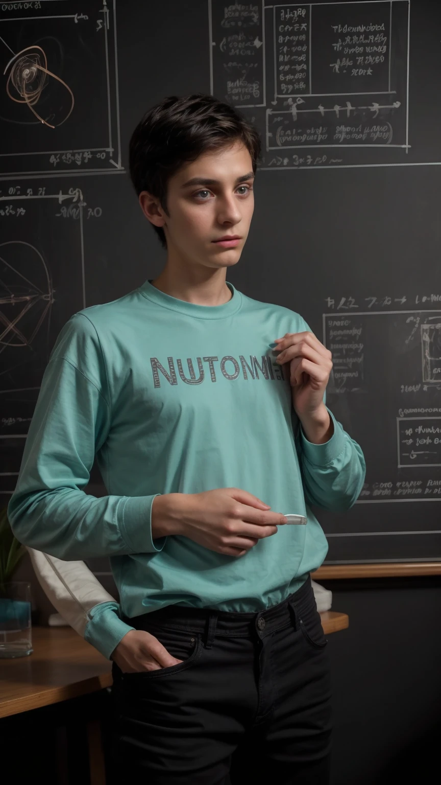 A beautiful young twink, cute male, with black hair and a face with makeup. He is wearing a long-sleeved aquamarine shirt and black jeans. He is in his luxurious scientific office, and behind him is a blackboard with neurons and calculus written on it, and he looks in amazement and shock with his eyes beneath it. Dark circles