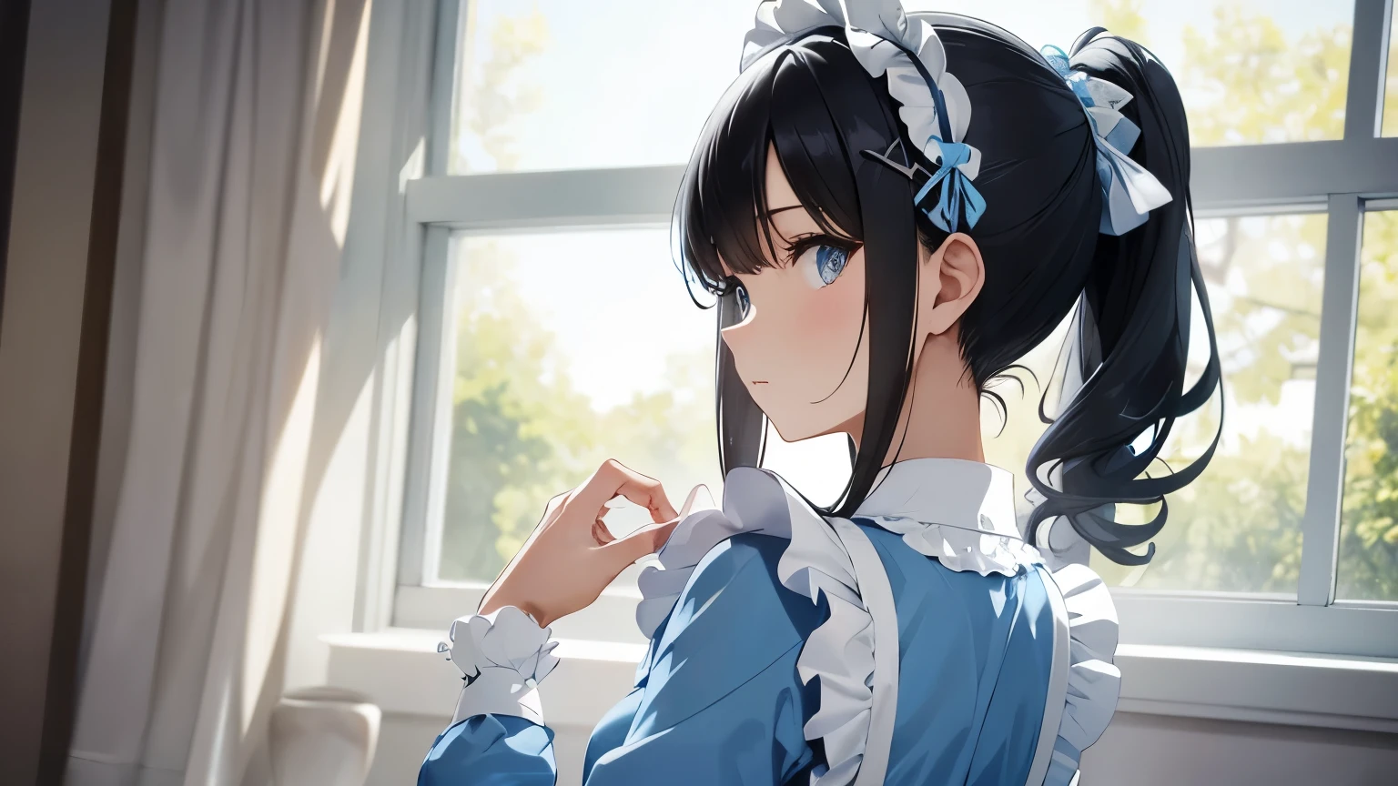A beautiful girl wearing a light blue maid outfit with lots of frills and lace Long sleeve Black hair ponytail with hair ornament Upper Body
