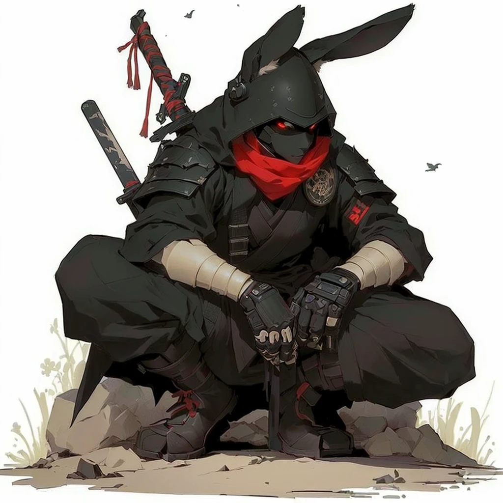 (((highest quality))), masterpiece, (medium shot:1.4), 1 rabbit, Anthropomorphic, evil, villain, black, handsome, cool, black fur, tech gadgets, big ears, rabbit warrior, inspired by Kanō Hōgai, ronin, mk ninja, inspired by Kawabata Ryūshi, the red ninja, goth ninja, great character design, mystic ninja, rabbt_character, traditional japanese concept art, bunny with helmet and sword, badass pose, cool outfit, sword on back, cyber tech, (solid cream background:1.2), side shot, evil smile, facing left, scar on one eye, looking away from camera, futuristic, universe, (masterpiece:1.5), (soft, natural lighting:1.1), high res, ultrasharp, 8K