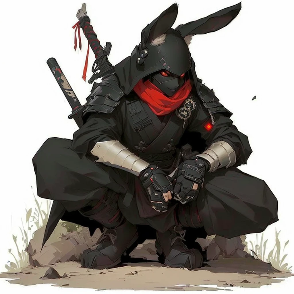 (((highest quality))), masterpiece, (medium shot:1.4), 1 rabbit, Anthropomorphic, evil, villain, black, handsome, cool, black fur, tech gadgets, big ears, rabbit warrior, inspired by Kanō Hōgai, ronin, mk ninja, inspired by Kawabata Ryūshi, the red ninja, goth ninja, great character design, mystic ninja, rabbt_character, traditional japanese concept art, bunny with helmet and sword, badass pose, cool outfit, sword on back, cyber tech, (solid cream background:1.2), side shot, evil smile, facing left, scar on one eye, looking away from camera, futuristic, universe, (masterpiece:1.5), (soft, natural lighting:1.1), high res, ultrasharp, 8K