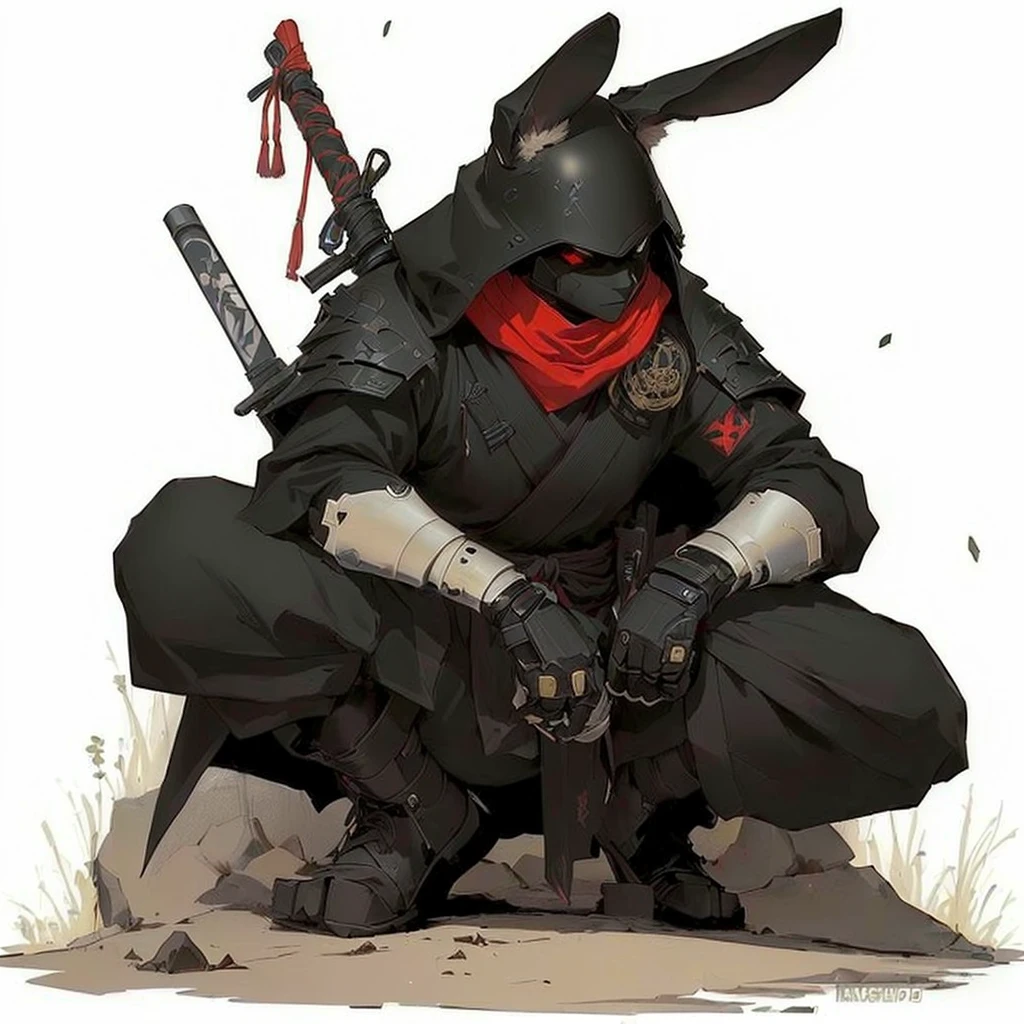(((highest quality))), masterpiece, (medium shot:1.4), 1 rabbit, Anthropomorphic, evil, villain, black, handsome, cool, black fur, tech gadgets, big ears, rabbit warrior, inspired by Kanō Hōgai, ronin, mk ninja, inspired by Kawabata Ryūshi, the red ninja, goth ninja, great character design, mystic ninja, rabbt_character, traditional japanese concept art, bunny with helmet and sword, badass pose, cool outfit, sword on back, cyber tech, (solid cream background:1.2), side shot, evil smile, facing left, scar on one eye, looking away from camera, futuristic, universe, (masterpiece:1.5), (soft, natural lighting:1.1), high res, ultrasharp, 8K