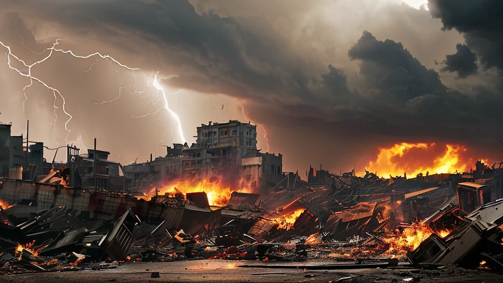 a chaotic scene of destruction, rubble and debris, dark clouds, lightning, angry storm, massive explosion, burning buildings, crumbling infrastructure, panic-stricken people, (best quality,4k,8k,highres,masterpiece:1.2),ultra-detailed,(realistic,photorealistic,photo-realistic:1.37),cinematic lighting, dystopian sci-fi, dramatic color palette, moody atmosphere