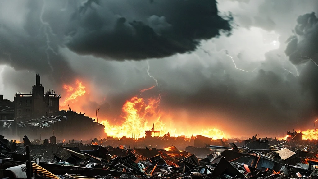 a chaotic scene of destruction, rubble and debris, dark clouds, lightning, angry storm, massive explosion, burning buildings, crumbling infrastructure, panic-stricken people, (best quality,4k,8k,highres,masterpiece:1.2),ultra-detailed,(realistic,photorealistic,photo-realistic:1.37),cinematic lighting, dystopian sci-fi, dramatic color palette, moody atmosphere